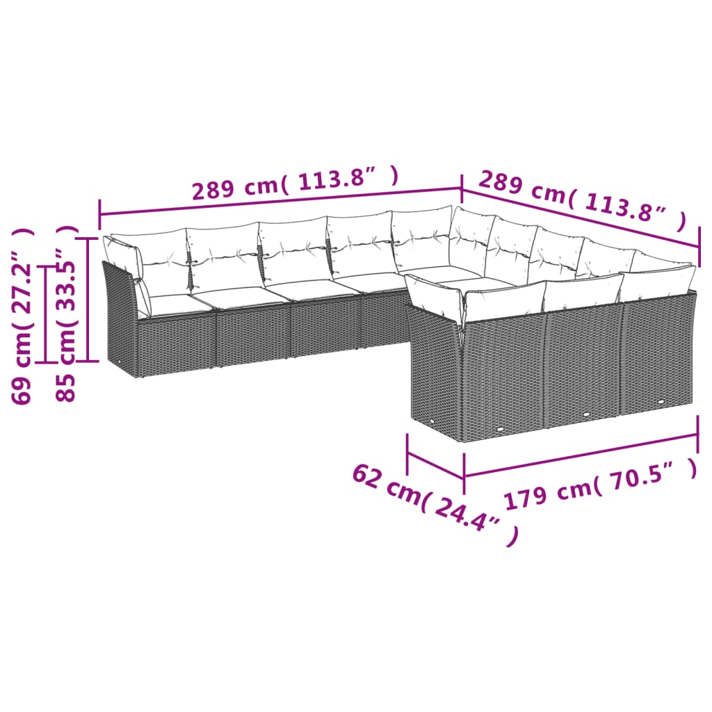 vidaXL Set de sofás de jardín 11 pzas y cojines ratán sintético gris