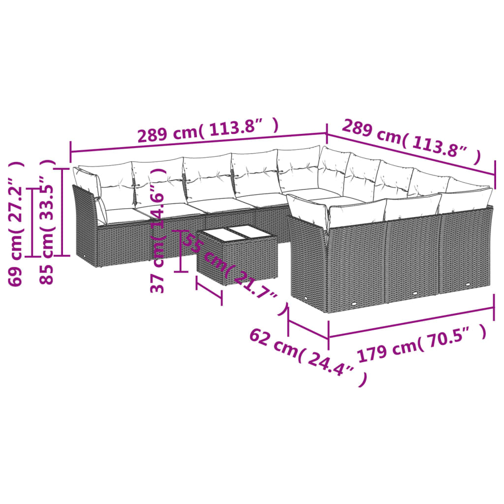 vidaXL Set de sofás de jardín 12 pzas y cojines ratán sintético gris