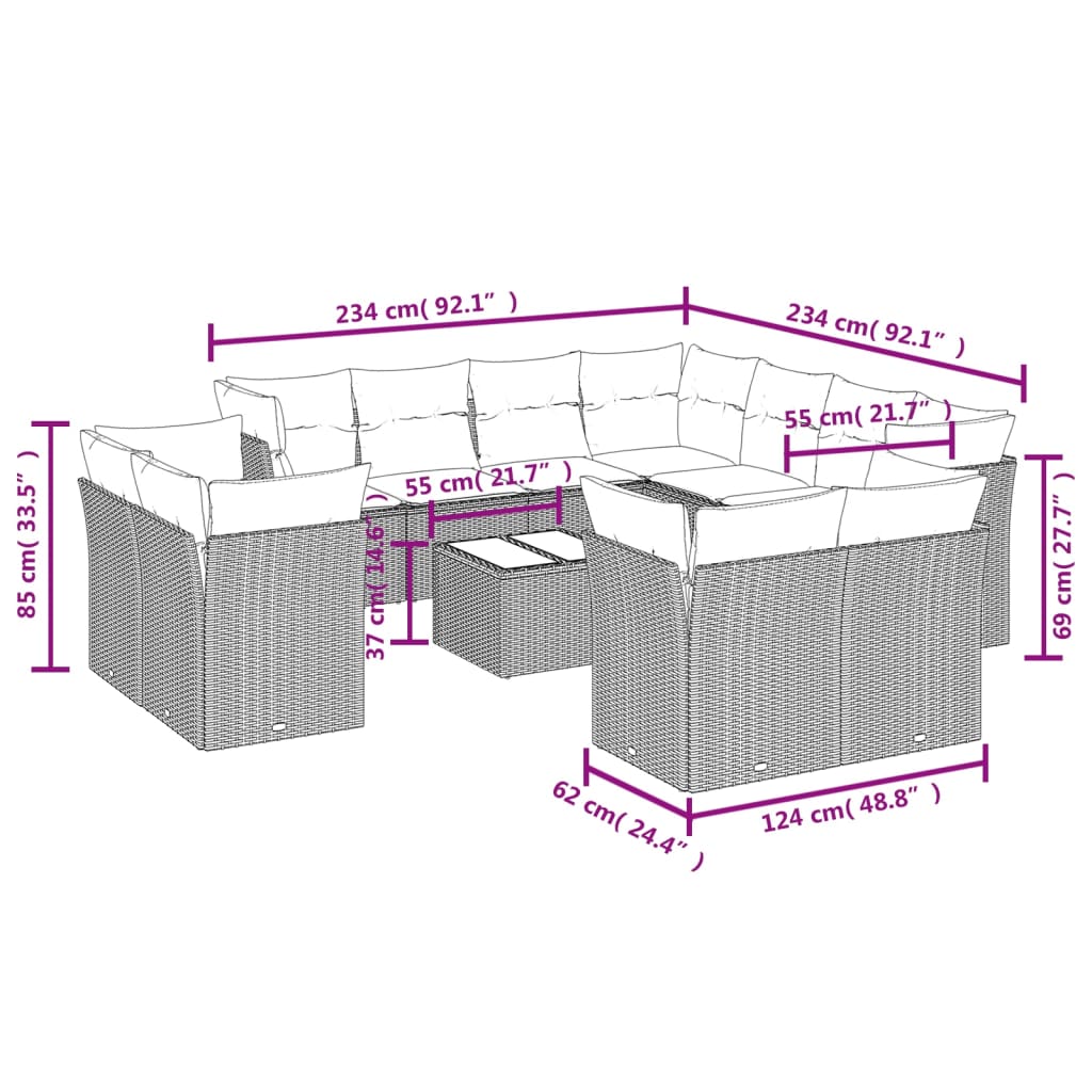 vidaXL Set de sofás de jardín 12 pzas y cojines ratán sintético gris