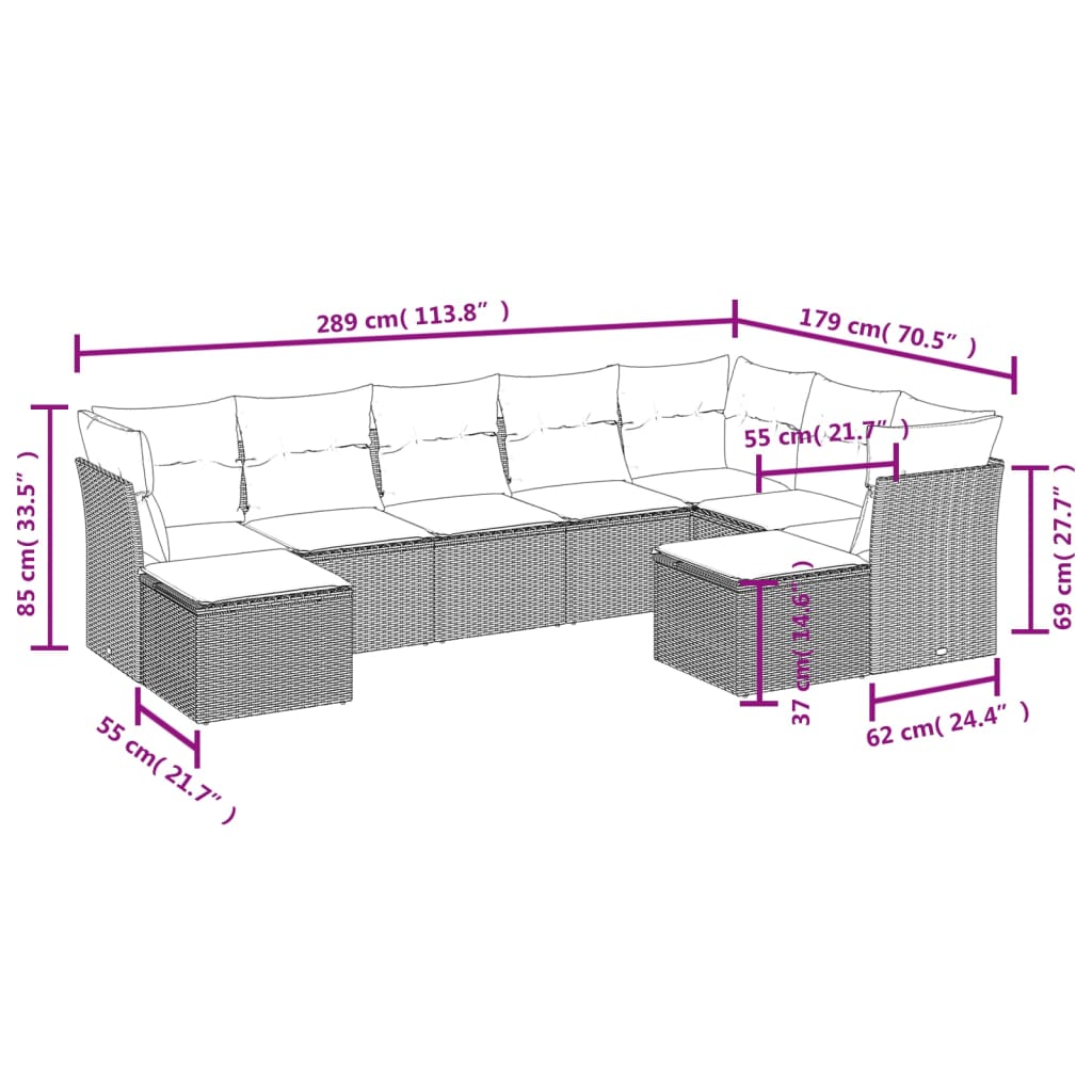 vidaXL Set muebles jardín 9 pzas y cojines ratán sintético gris claro