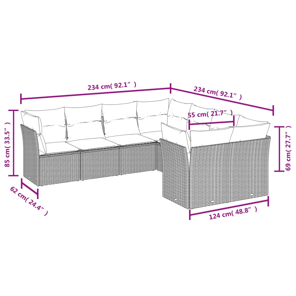 vidaXL Set de sofás de jardín 8 pzas y cojines ratán sintético gris