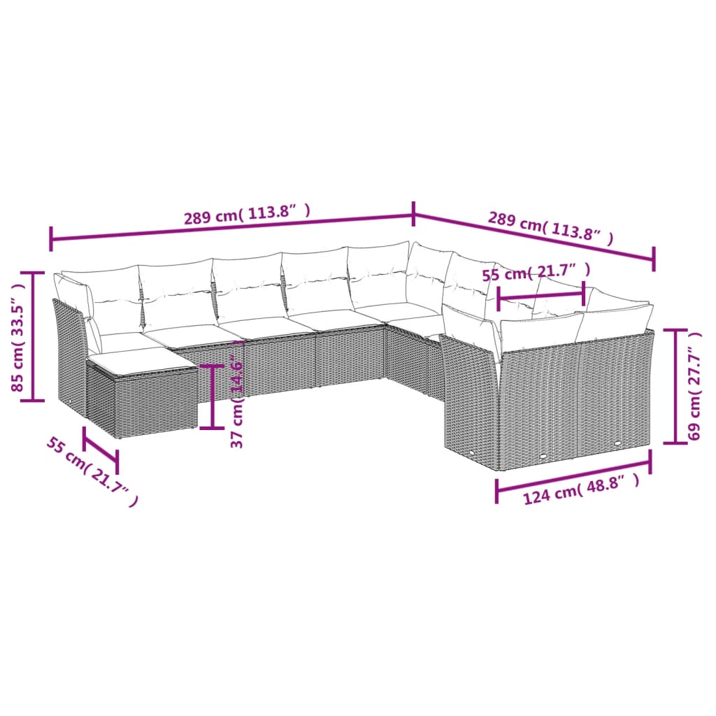 vidaXL Set de sofás de jardín 11 pzas y cojines ratán sintético gris