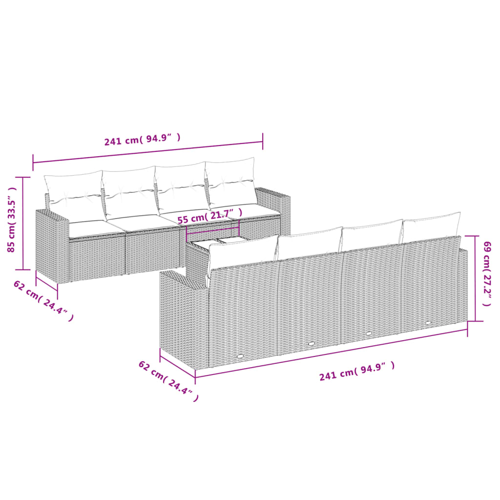 vidaXL Set muebles jardín 9 pzas y cojines ratán sintético gris claro