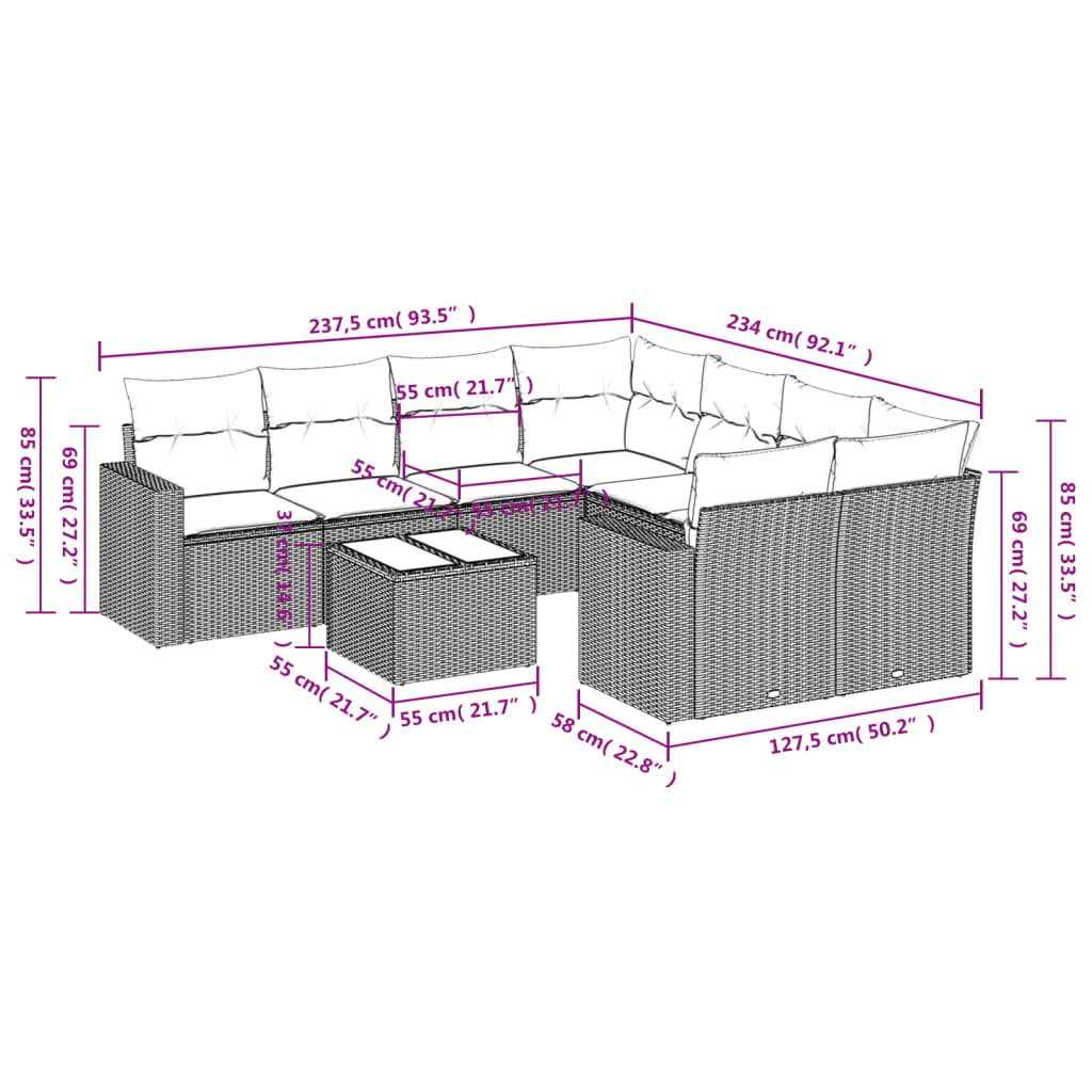 vidaXL Set muebles jardín 9 pzas y cojines ratán sintético gris claro