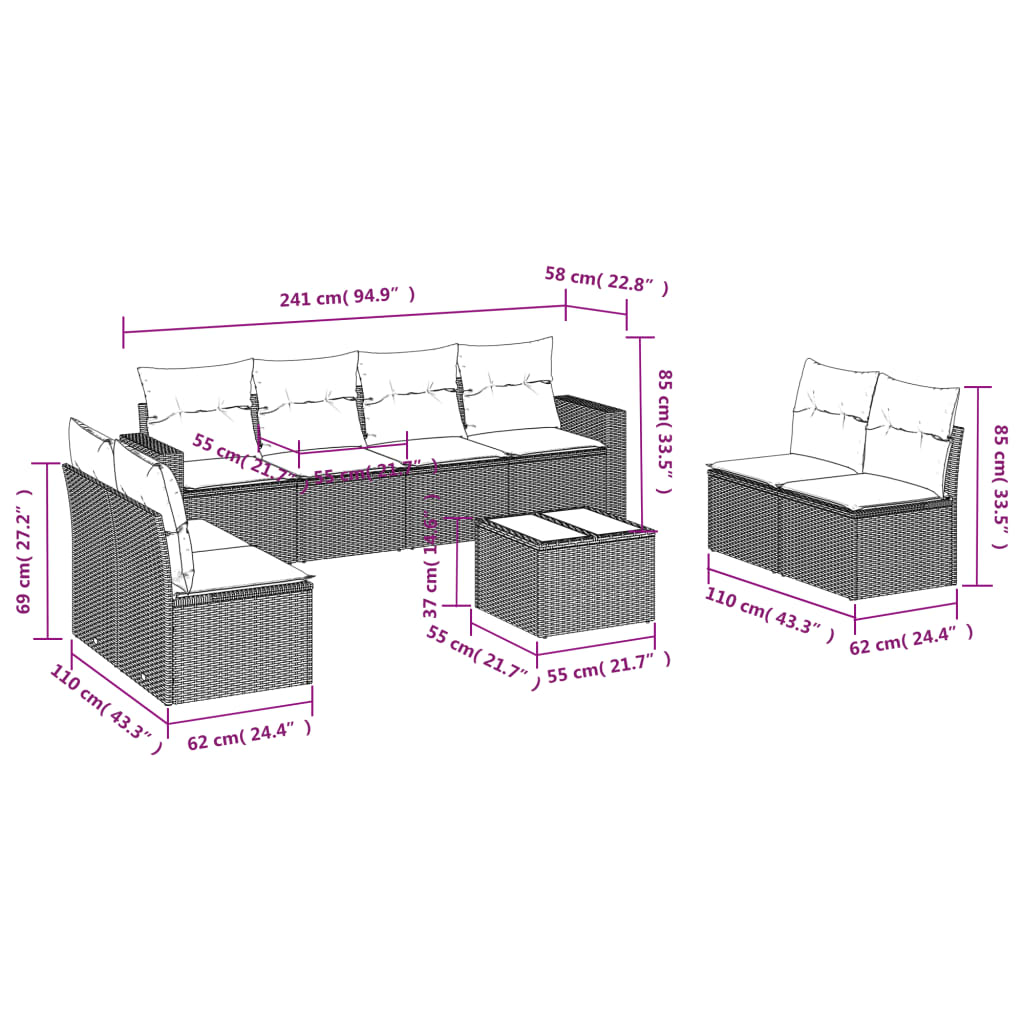 vidaXL Set muebles jardín 9 pzas y cojines ratán sintético gris claro