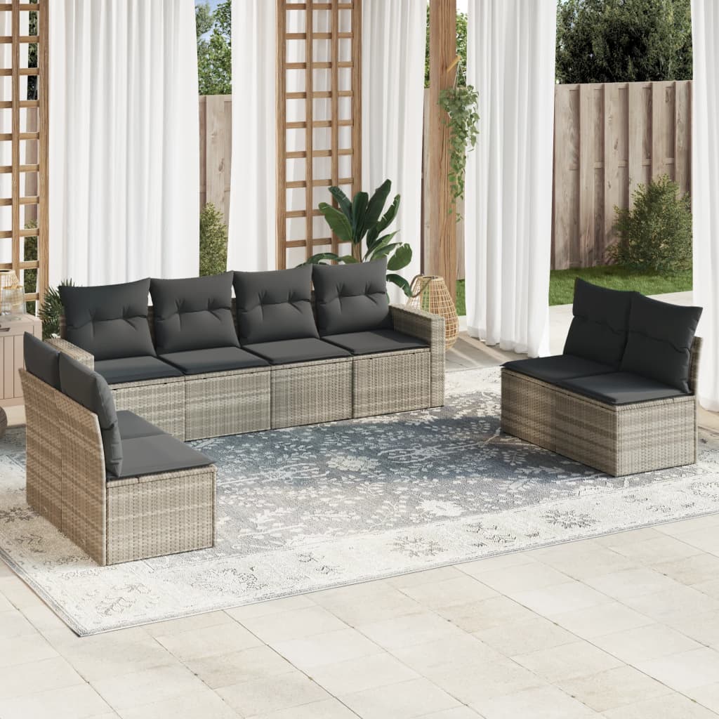 vidaXL Set muebles jardín 9 pzas y cojines ratán sintético gris claro