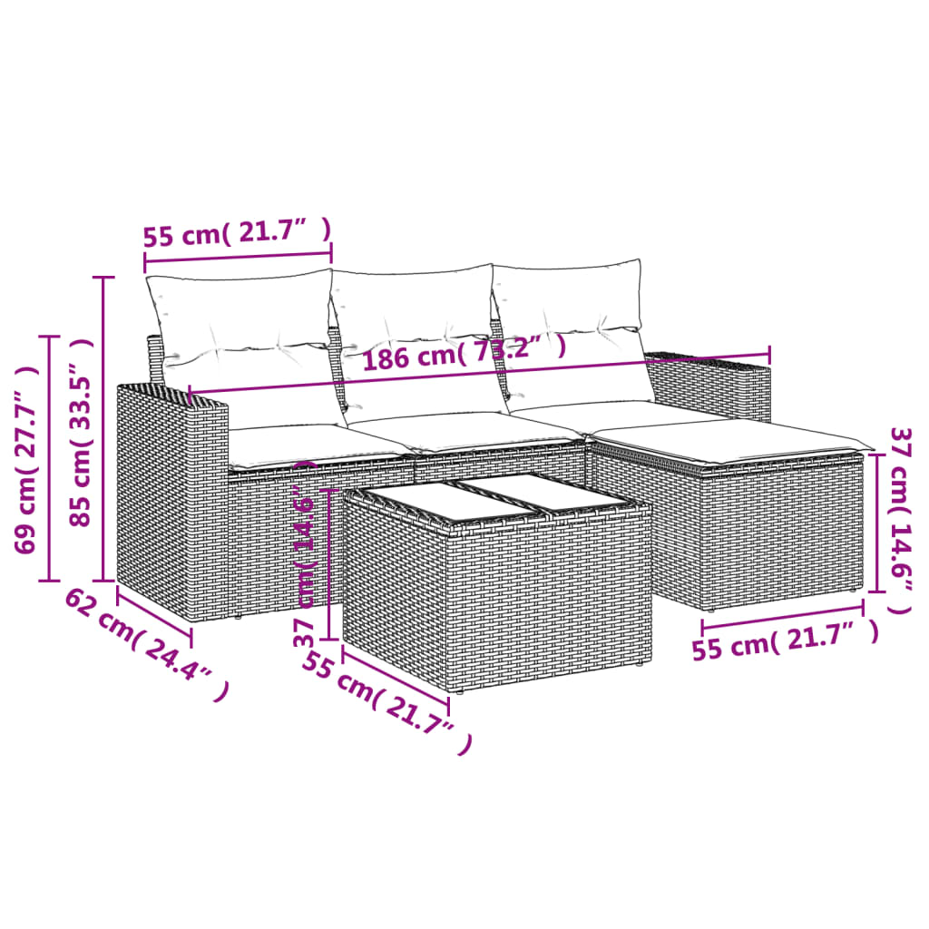 vidaXL Set comedor de jardín 5 piezas y cojines ratán sintético marrón