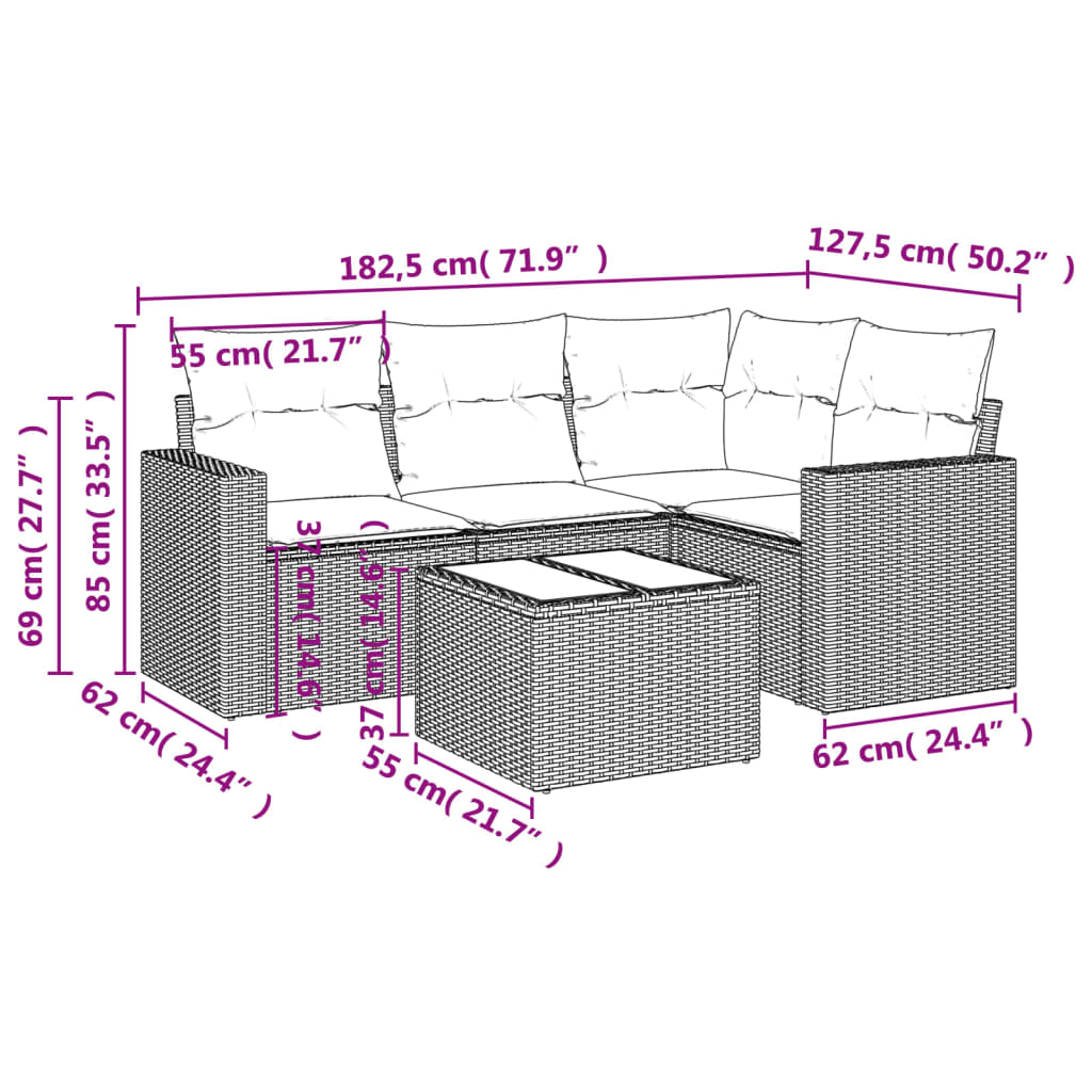 vidaXL Set comedor de jardín 5 piezas y cojines ratán sintético marrón