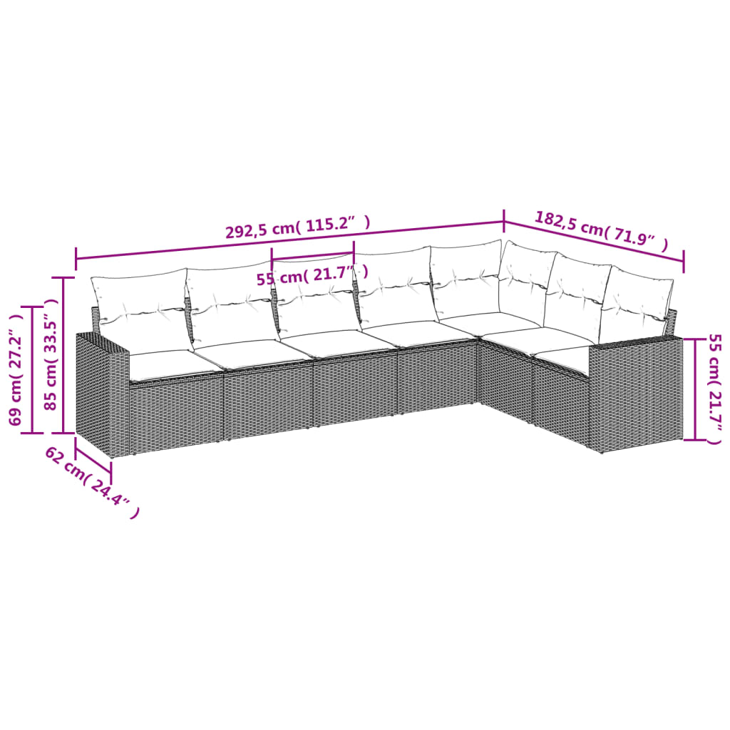 vidaXL Set de sofás de jardín 7 piezas con cojines ratán PE gris