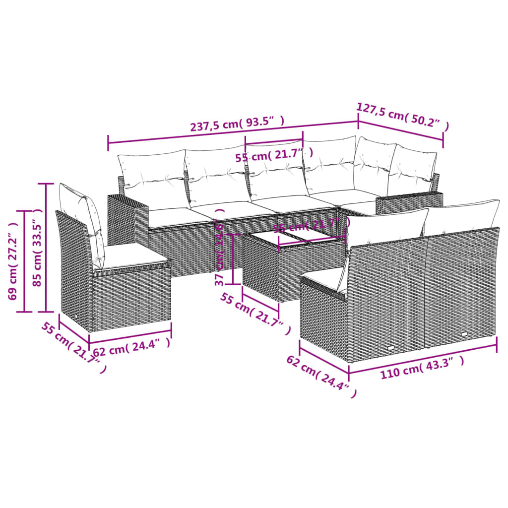 vidaXL Set muebles jardín 9 pzas y cojines ratán sintético gris claro