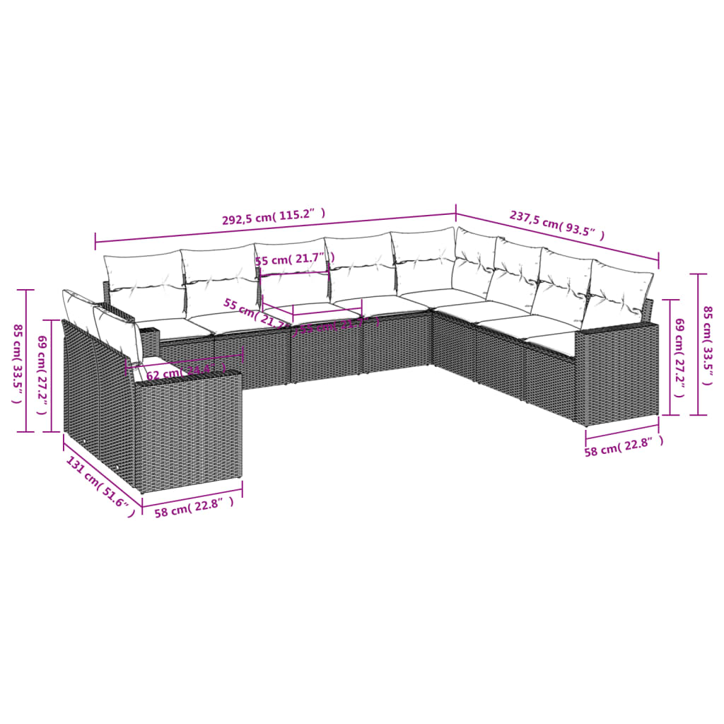 vidaXL Set de sofás de jardín 10 pzas cojines ratán sintético negro