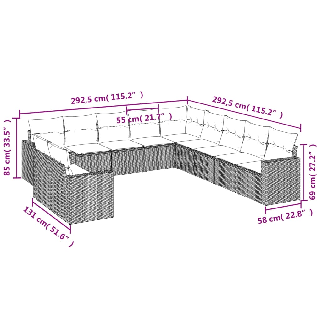 vidaXL Set de sofás de jardín 11pzas con cojines ratán sintético beige