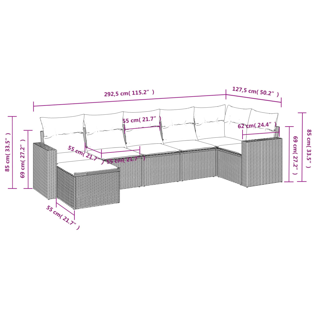 vidaXL Set de sofás de jardín 7 piezas con cojines ratán PE gris