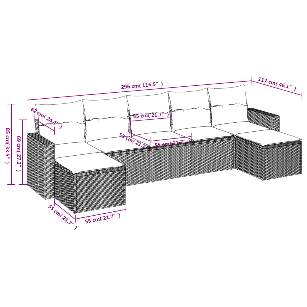 vidaXL Set de sofás de jardín 7 piezas con cojines ratán PE gris