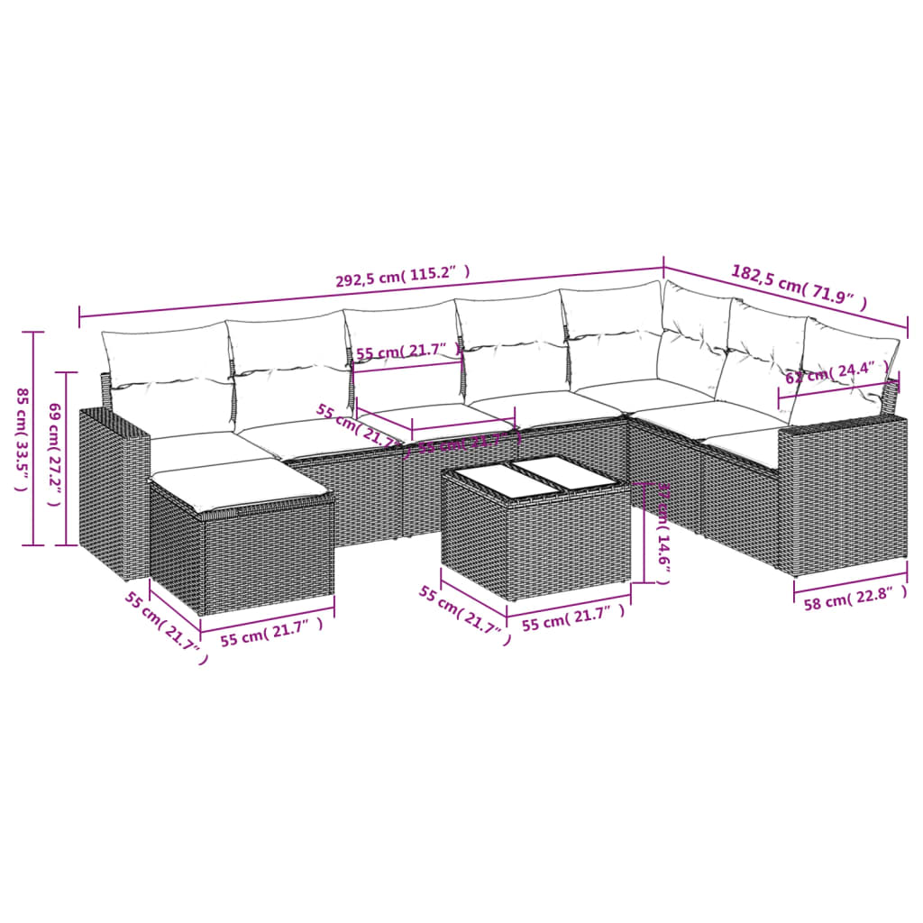 vidaXL Set muebles jardín 9 pzas y cojines ratán sintético gris claro