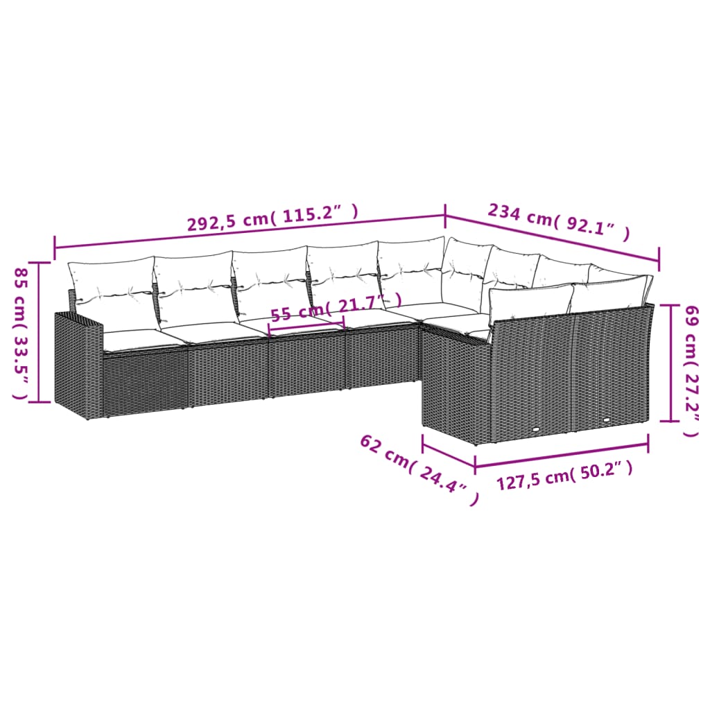 vidaXL Set de sofás de jardín 9 pzas con cojines ratán sintético beige