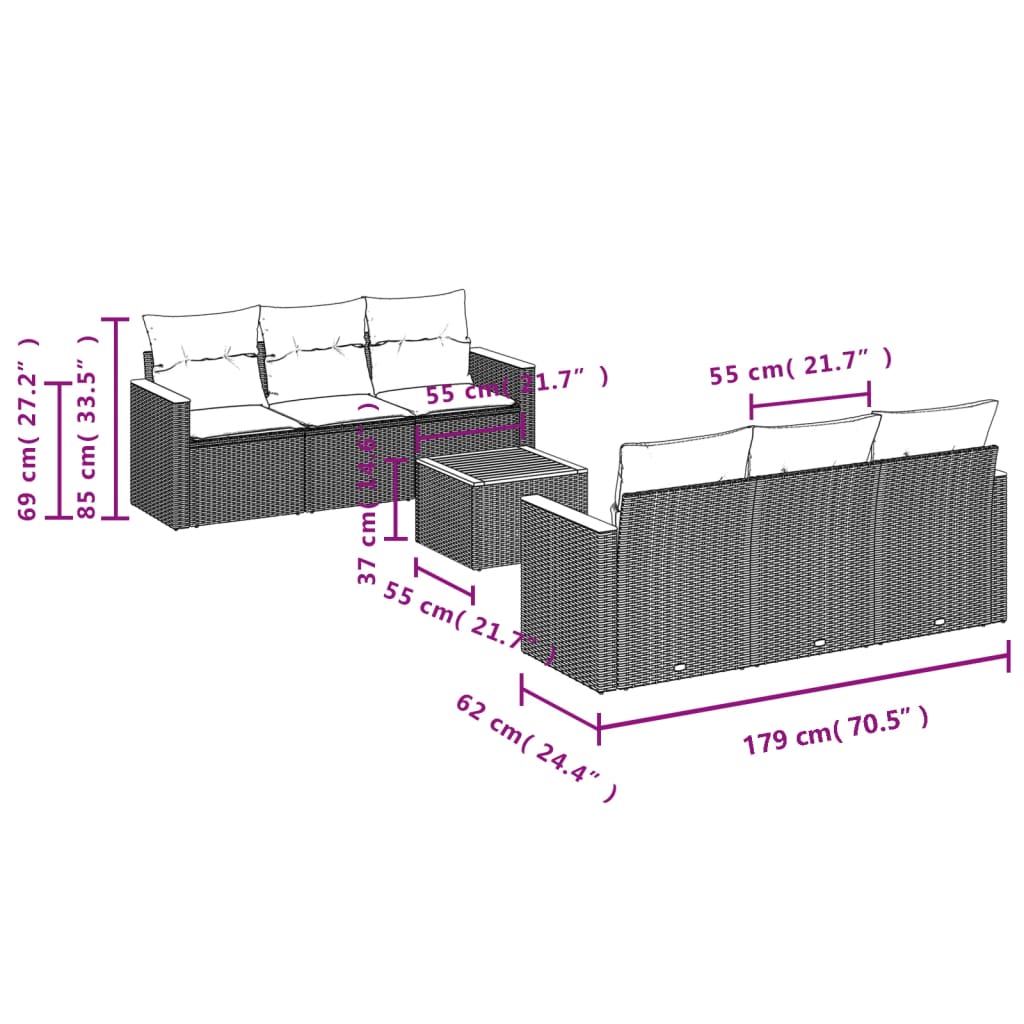 vidaXL Set de sofás de jardín 7 piezas con cojines ratán PE gris