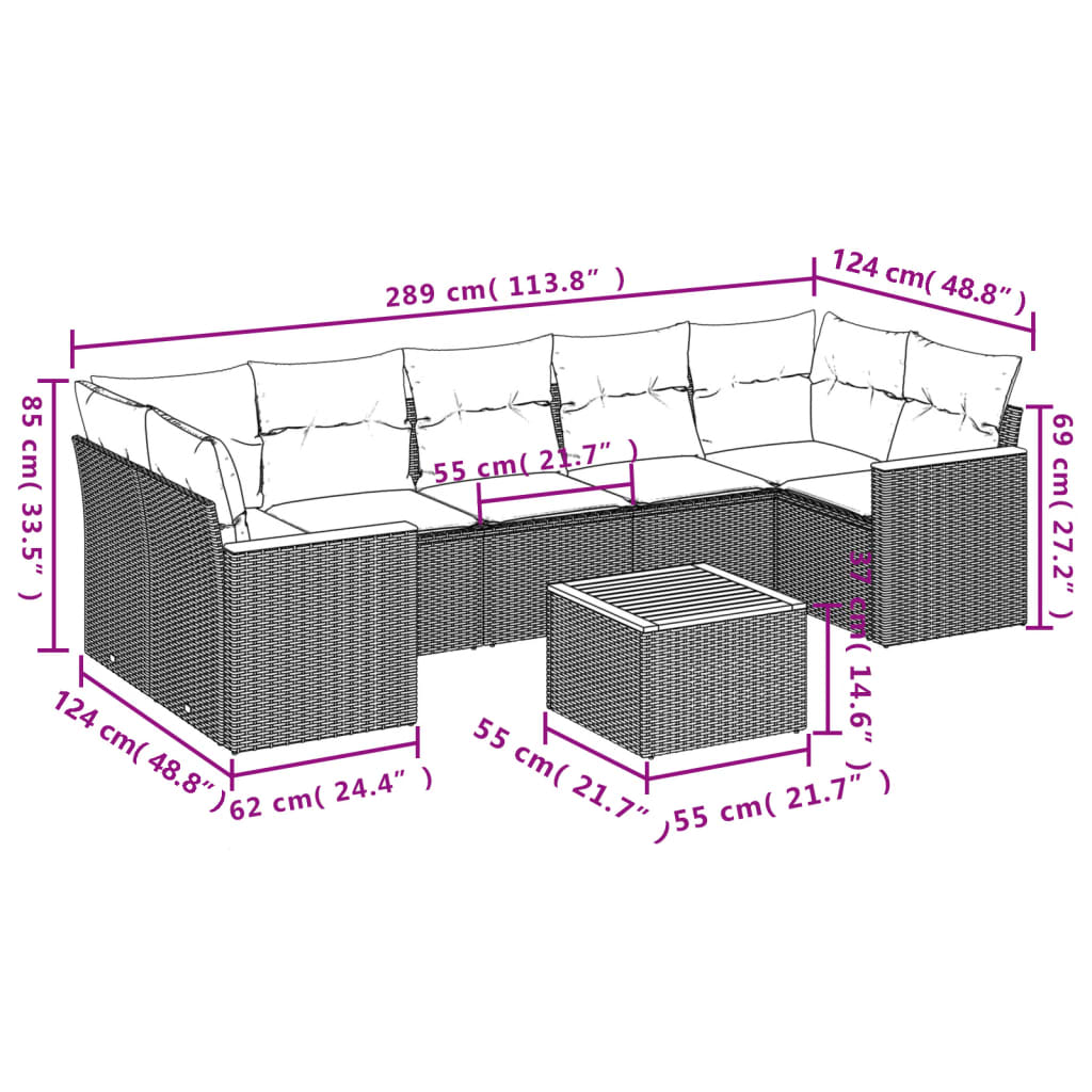 vidaXL Set de sofás de jardín 8 pzas y cojines ratán sintético gris