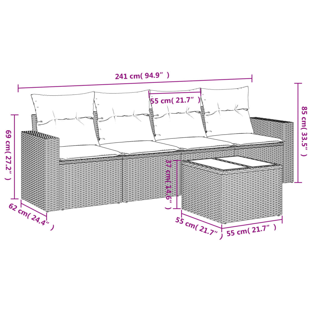 vidaXL Set comedor de jardín 5 piezas y cojines ratán sintético marrón