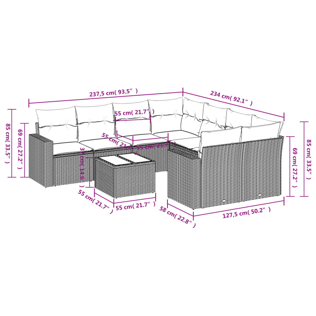 vidaXL Set muebles jardín 9 pzas y cojines ratán sintético gris claro