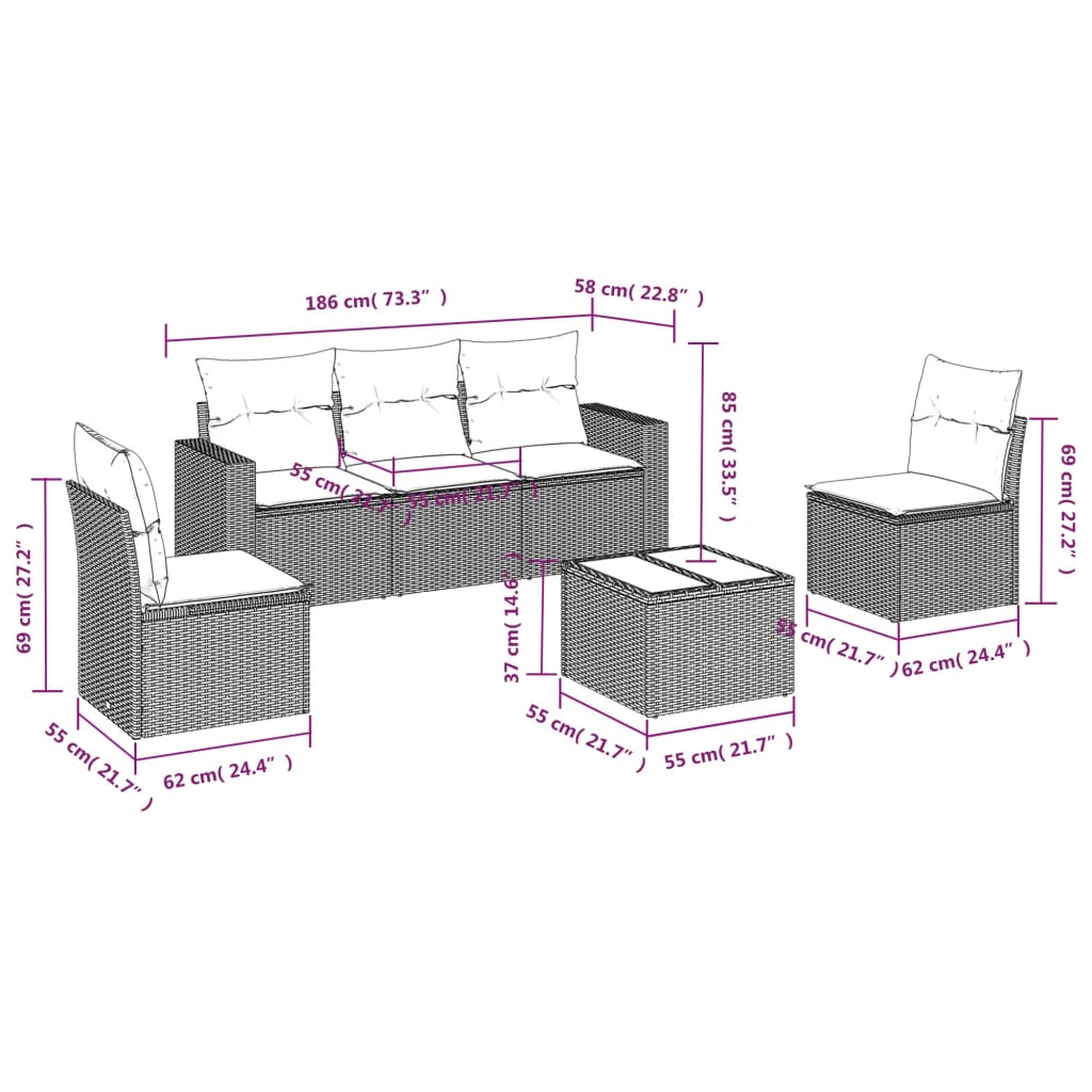 vidaXL Set muebles de jardín 6 piezas y cojines ratán sintético negro