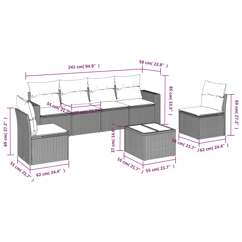 vidaXL Set de comedor de jardín 7 pzas y cojines ratán sintético negro