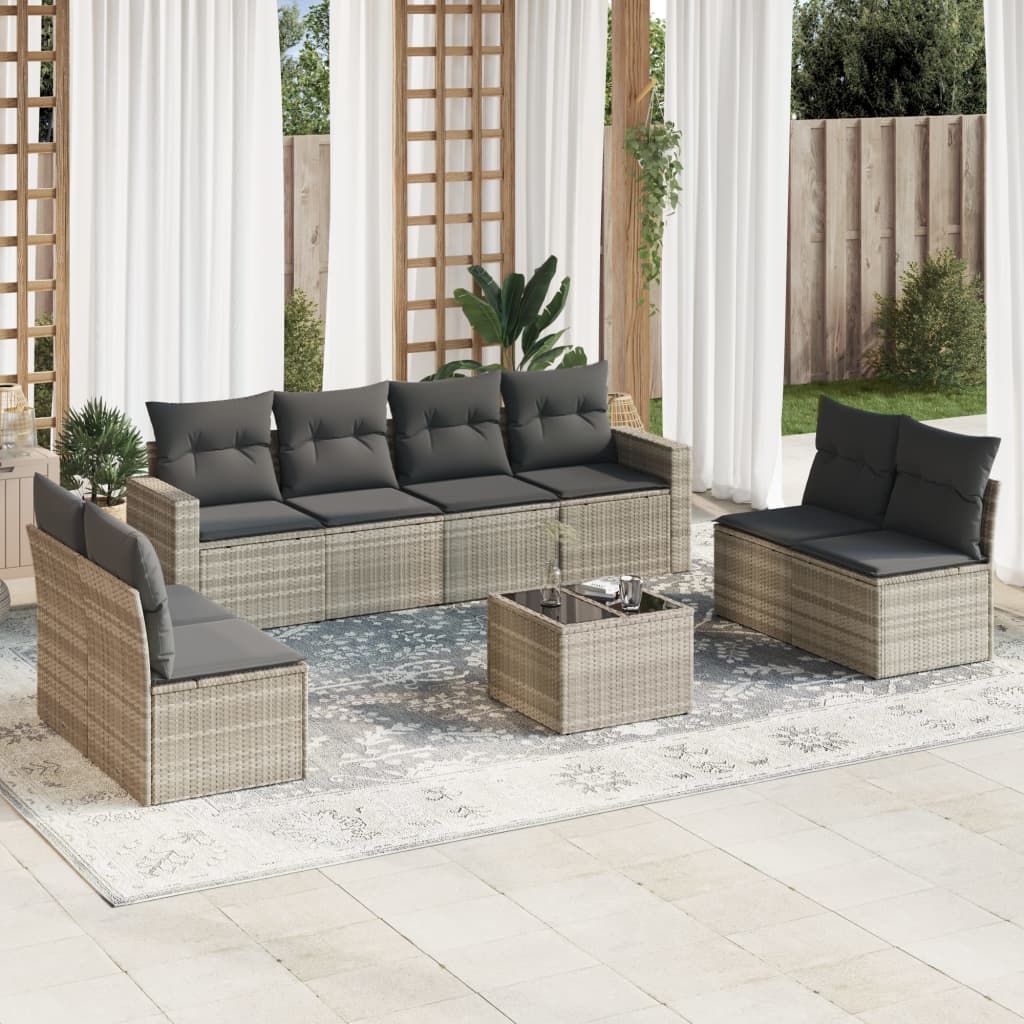 vidaXL Set muebles jardín 9 pzas y cojines ratán sintético gris claro