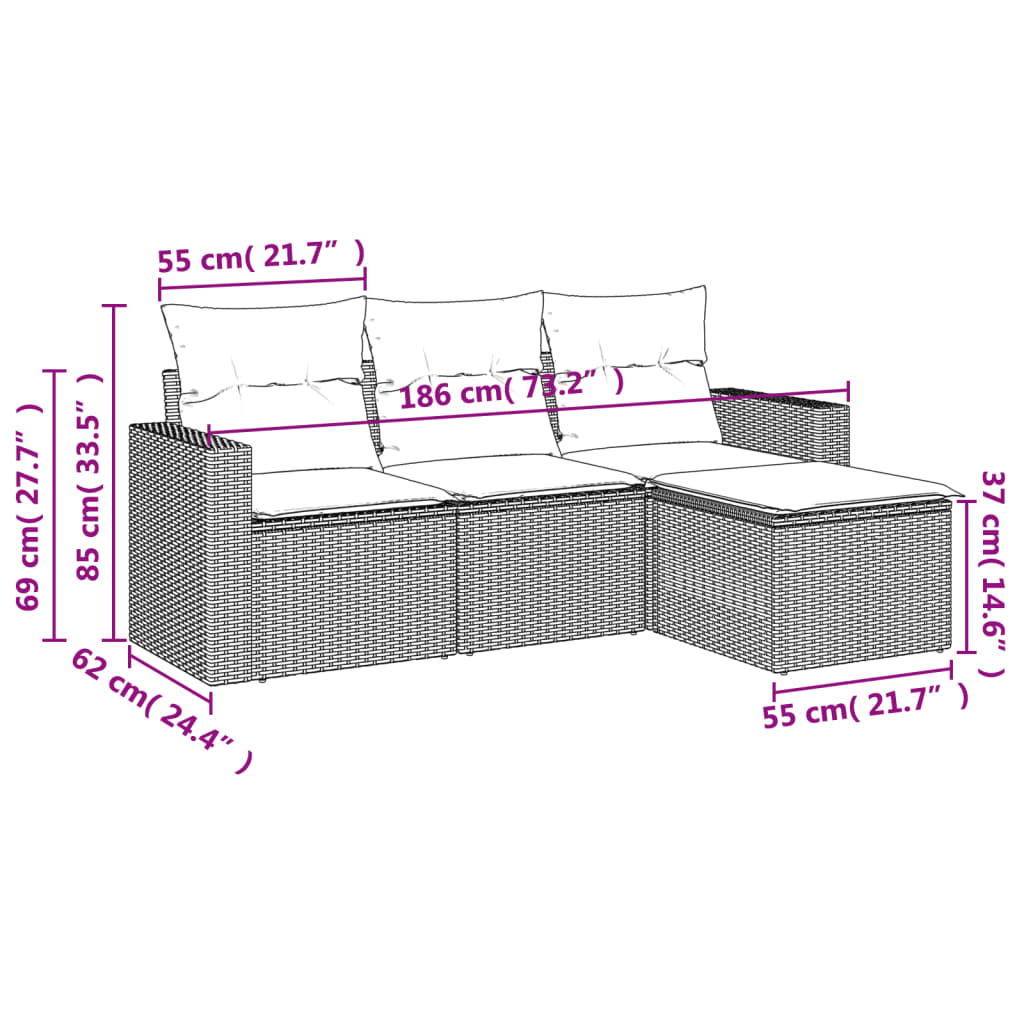 vidaXL Set de sofás de jardín 4 pzas y cojines ratán sintético gris