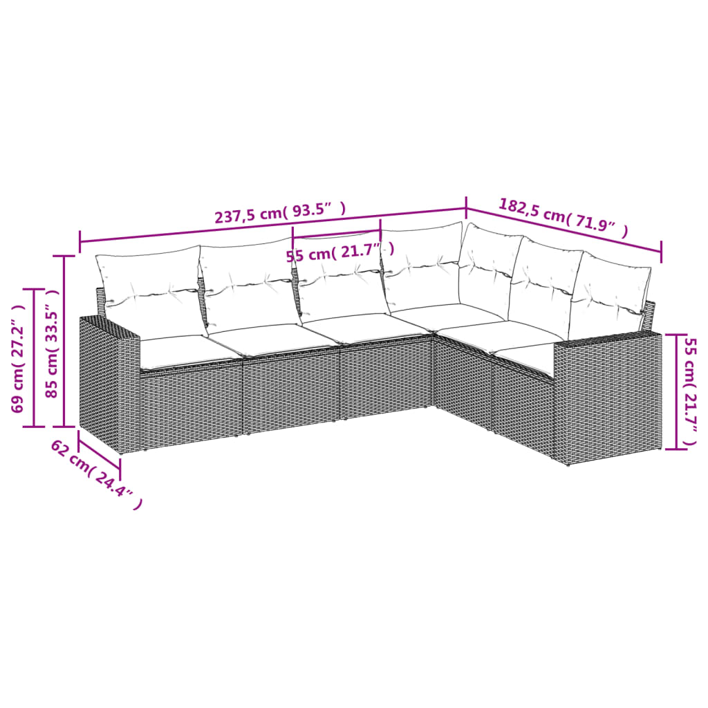 vidaXL Set de sofás de jardín 6 pzas y cojines ratán sintético gris