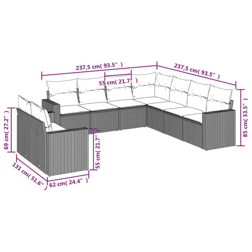 vidaXL Set muebles jardín 9 pzas y cojines ratán sintético gris claro