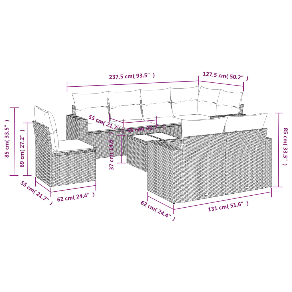 vidaXL Set muebles jardín 9 pzas y cojines ratán sintético gris claro