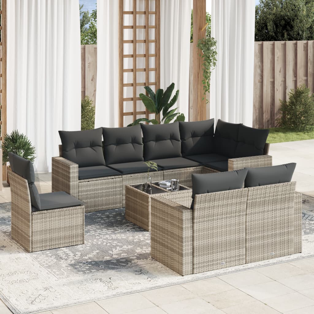 vidaXL Set muebles jardín 9 pzas y cojines ratán sintético gris claro