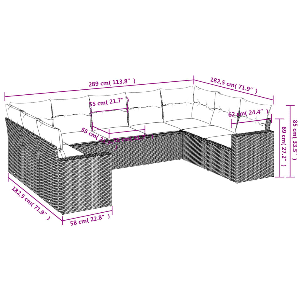 vidaXL Set muebles jardín 9 pzas y cojines ratán sintético gris claro