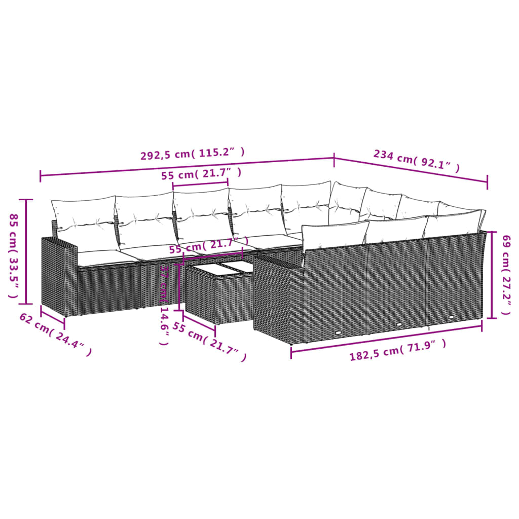 vidaXL Set de sofás de jardín 11 pzas cojines ratán sintético marrón