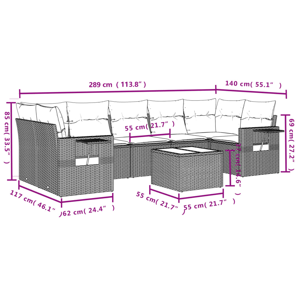 vidaXL Set de sofás de jardín 8 pzas y cojines ratán sintético gris