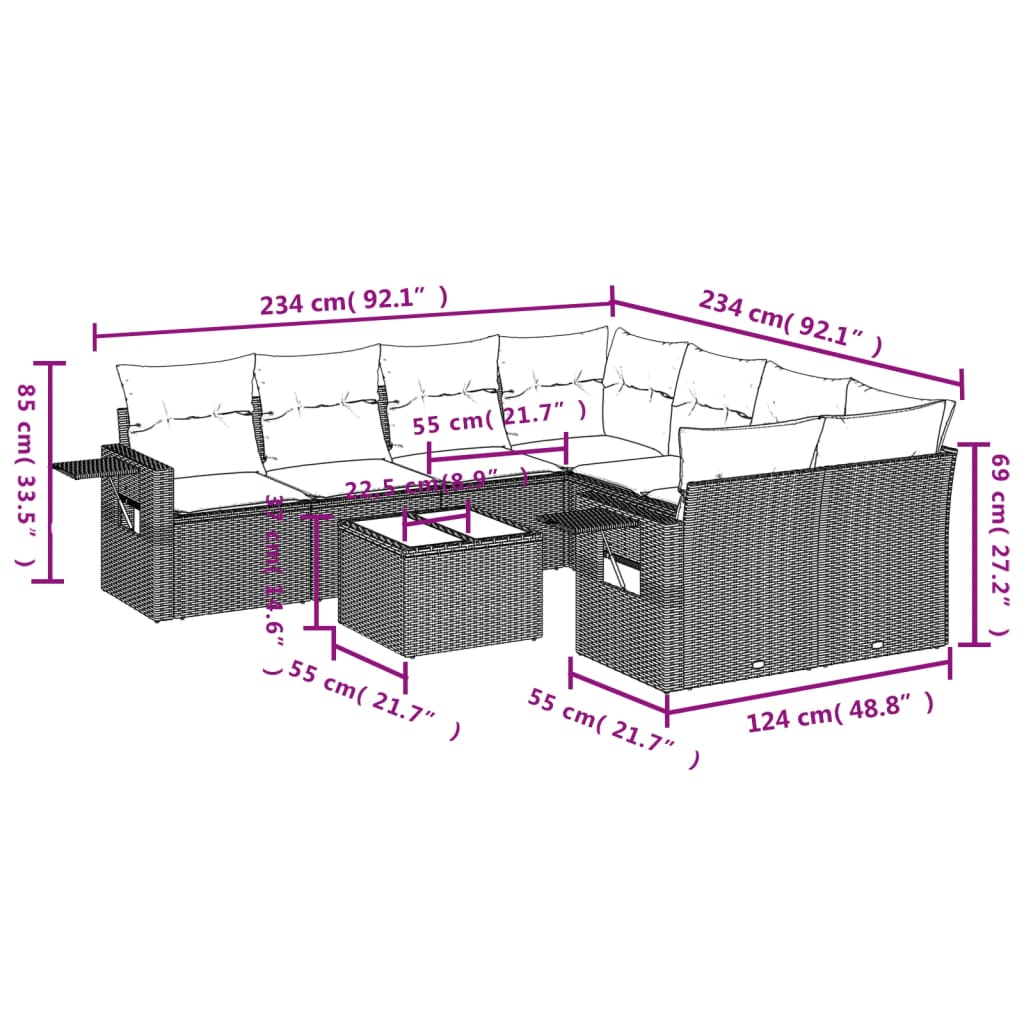 vidaXL Set muebles jardín 9 pzas y cojines ratán sintético gris claro