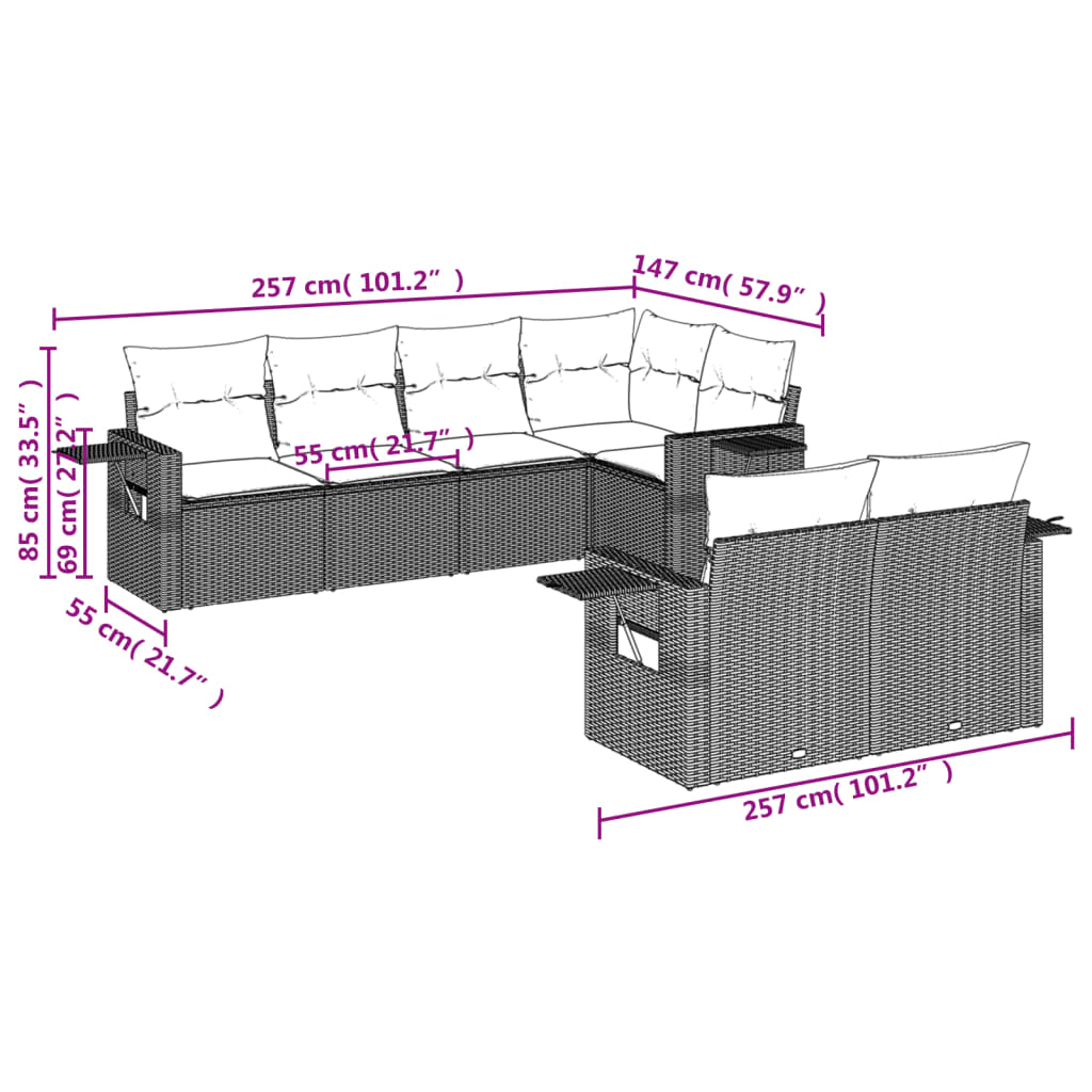 vidaXL Set de sofás de jardín 7 pzas con cojines ratán PE gris claro