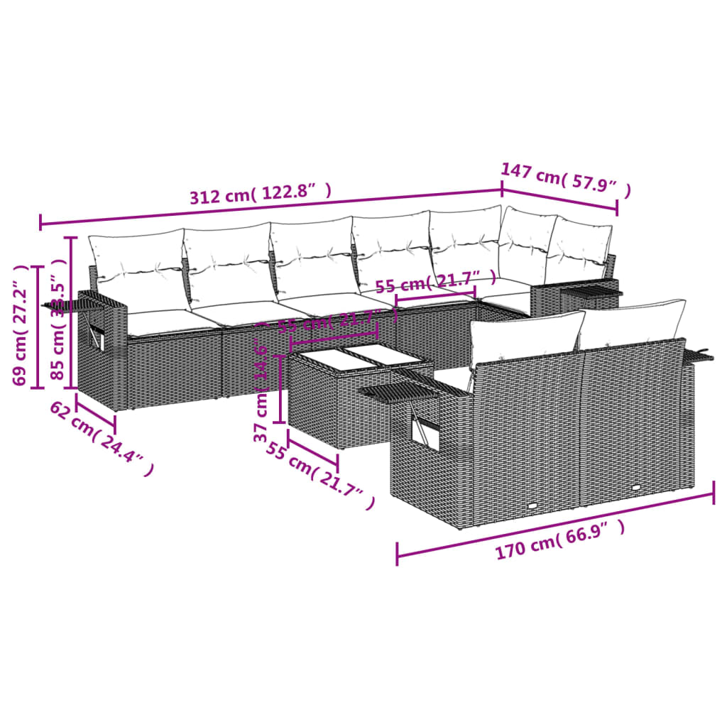 vidaXL Set muebles jardín 9 pzas y cojines ratán sintético gris claro