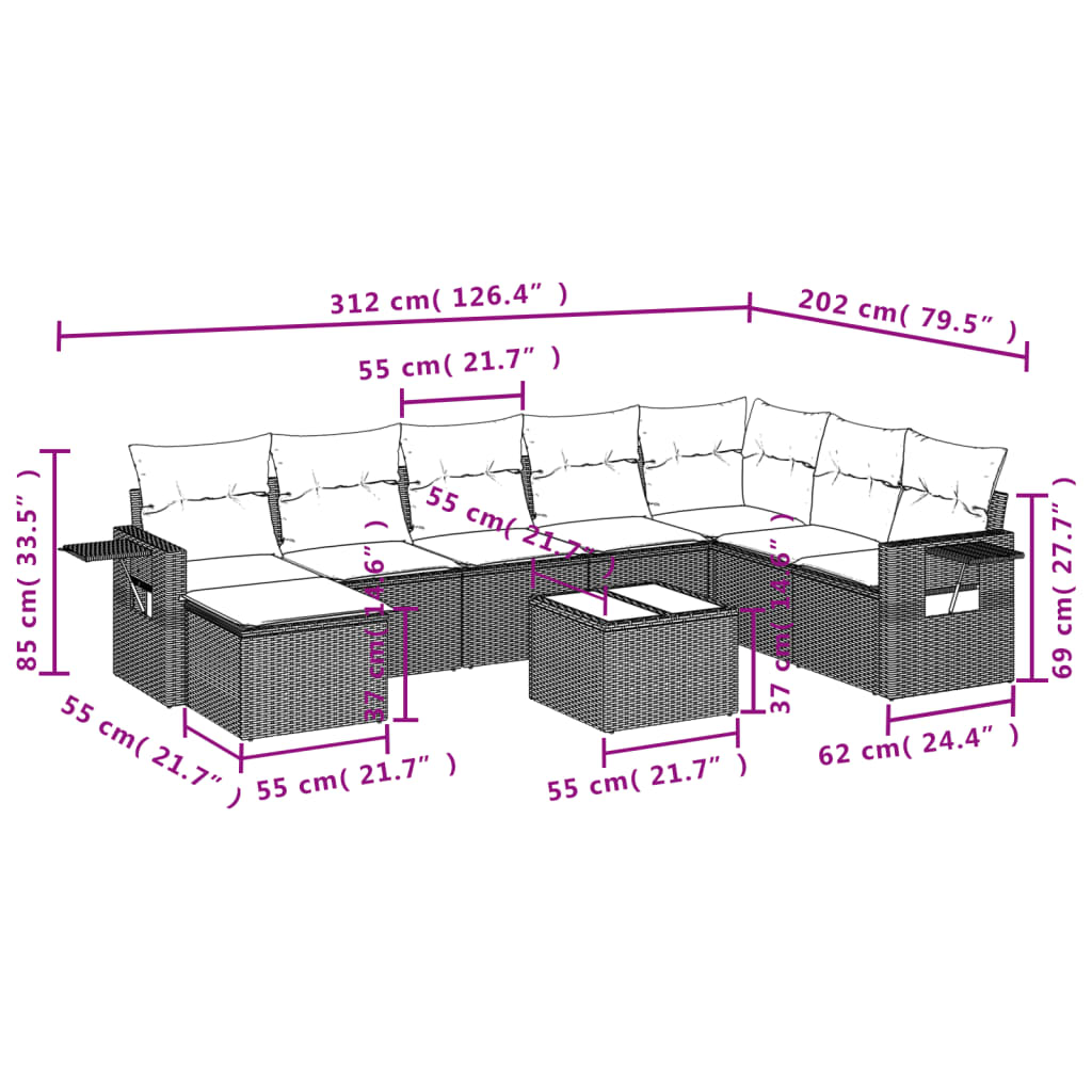 vidaXL Set muebles jardín 9 pzas y cojines ratán sintético gris claro