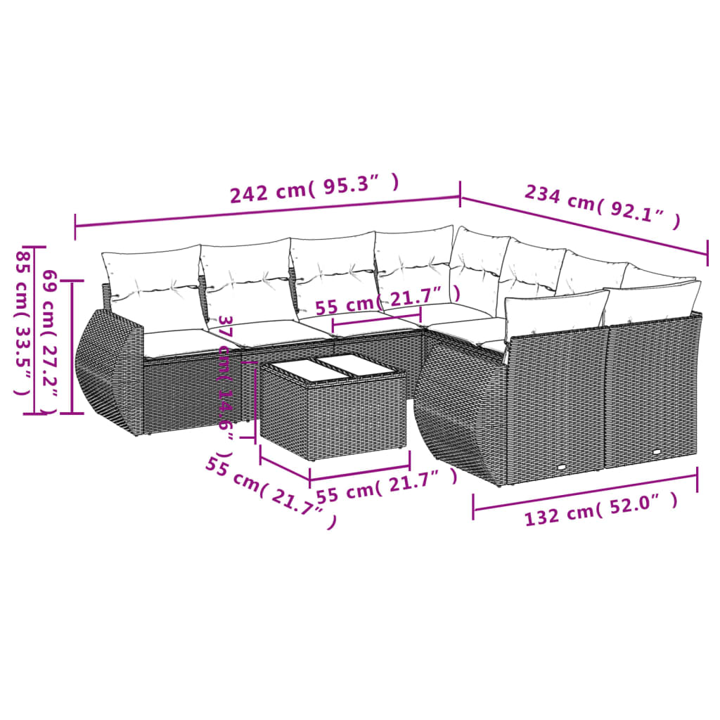 vidaXL Set muebles jardín 9 pzas y cojines ratán sintético gris claro