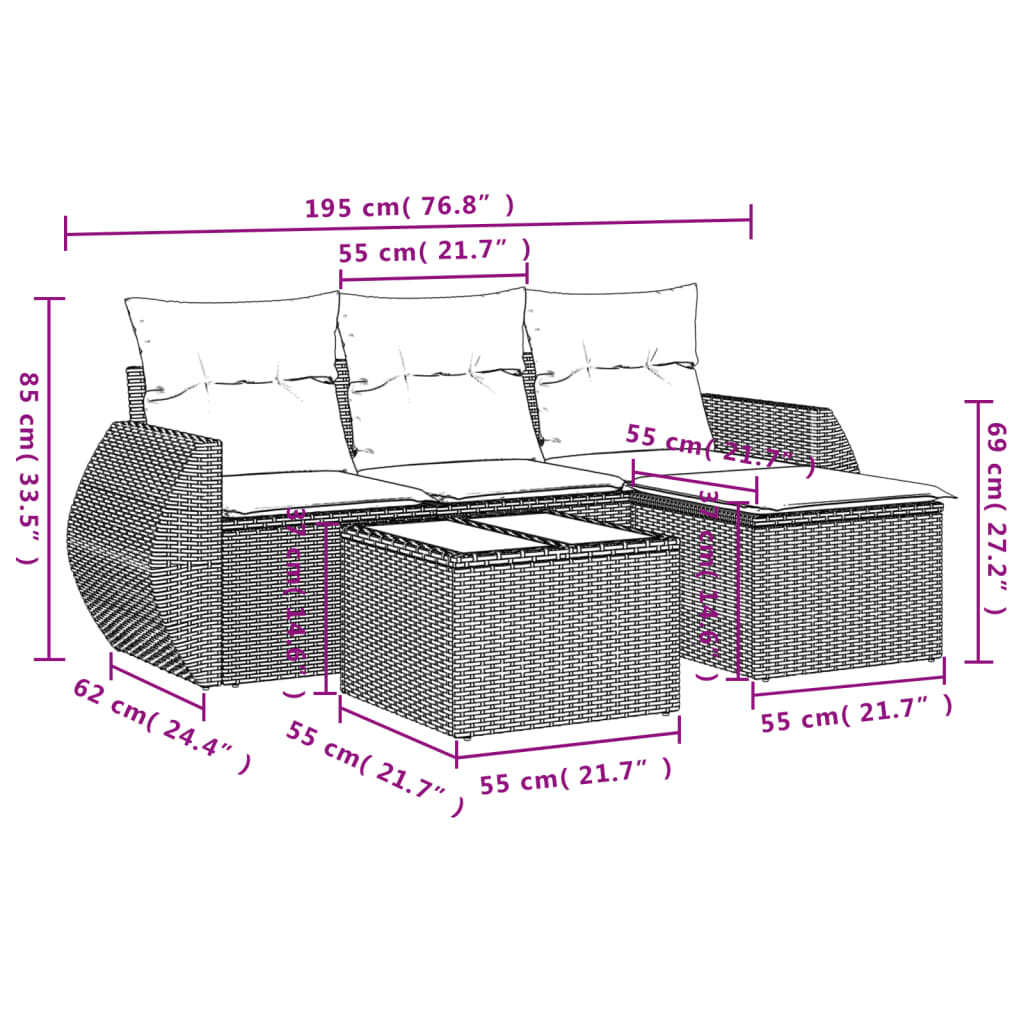 vidaXL Set comedor de jardín 5 piezas y cojines ratán sintético marrón