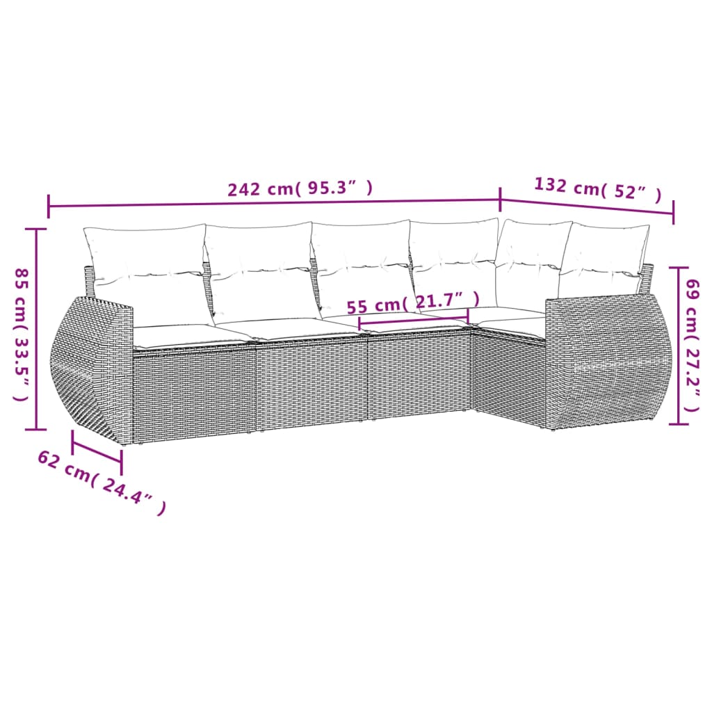 vidaXL Set comedor de jardín 5 piezas y cojines ratán sintético marrón