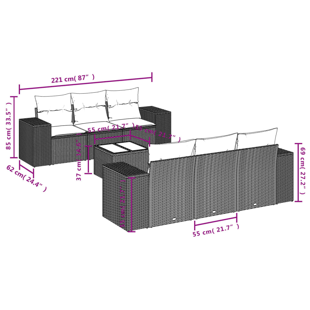 vidaXL Set de sofás de jardín 7 piezas con cojines ratán PE gris