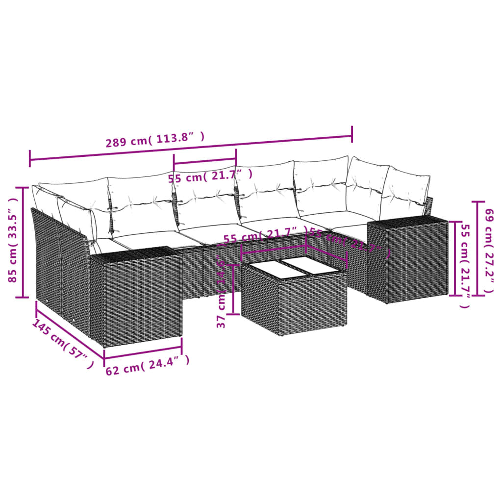 vidaXL Set de sofás de jardín 8 pzas y cojines ratán sintético gris