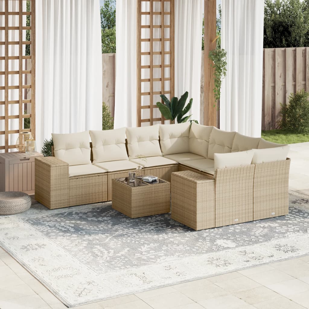 vidaXL Set de sofás de jardín 9 pzas con cojines ratán sintético beige