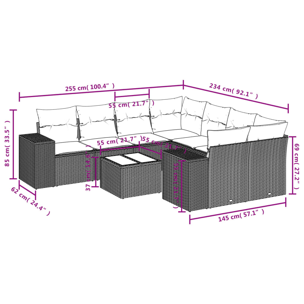 vidaXL Set muebles jardín 9 pzas y cojines ratán sintético gris claro