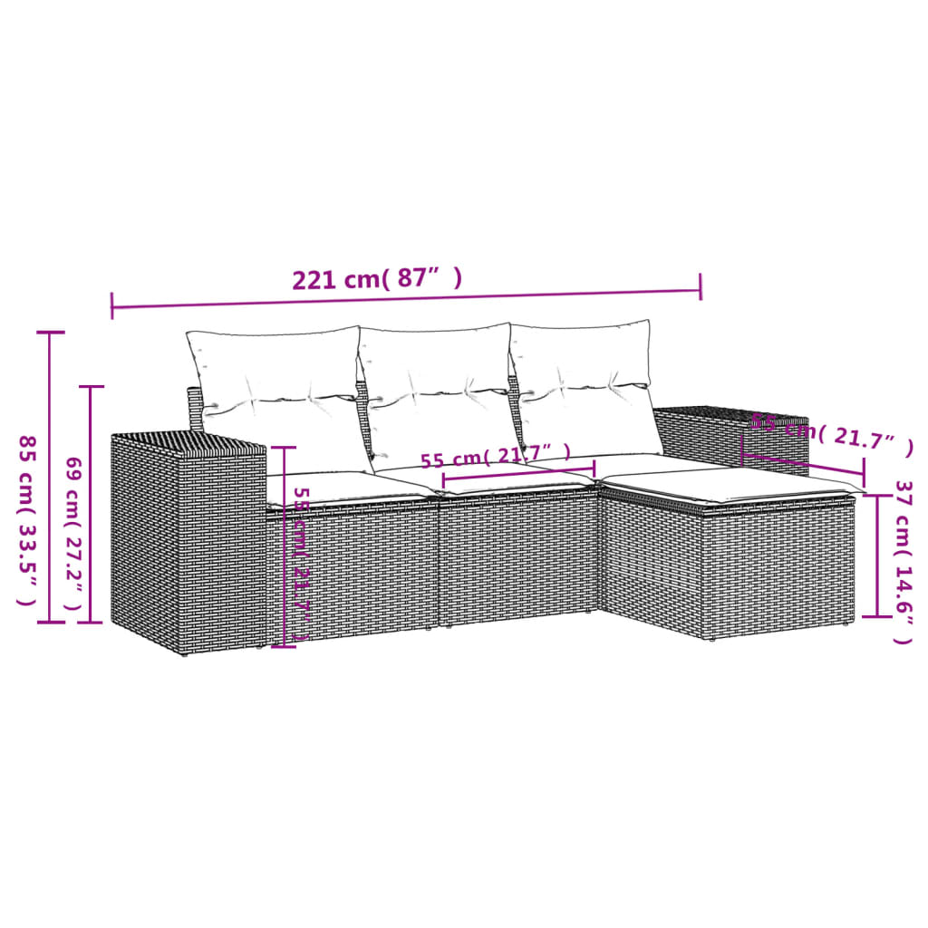 vidaXL Set de sofás de jardín 4 pzas y cojines ratán sintético gris