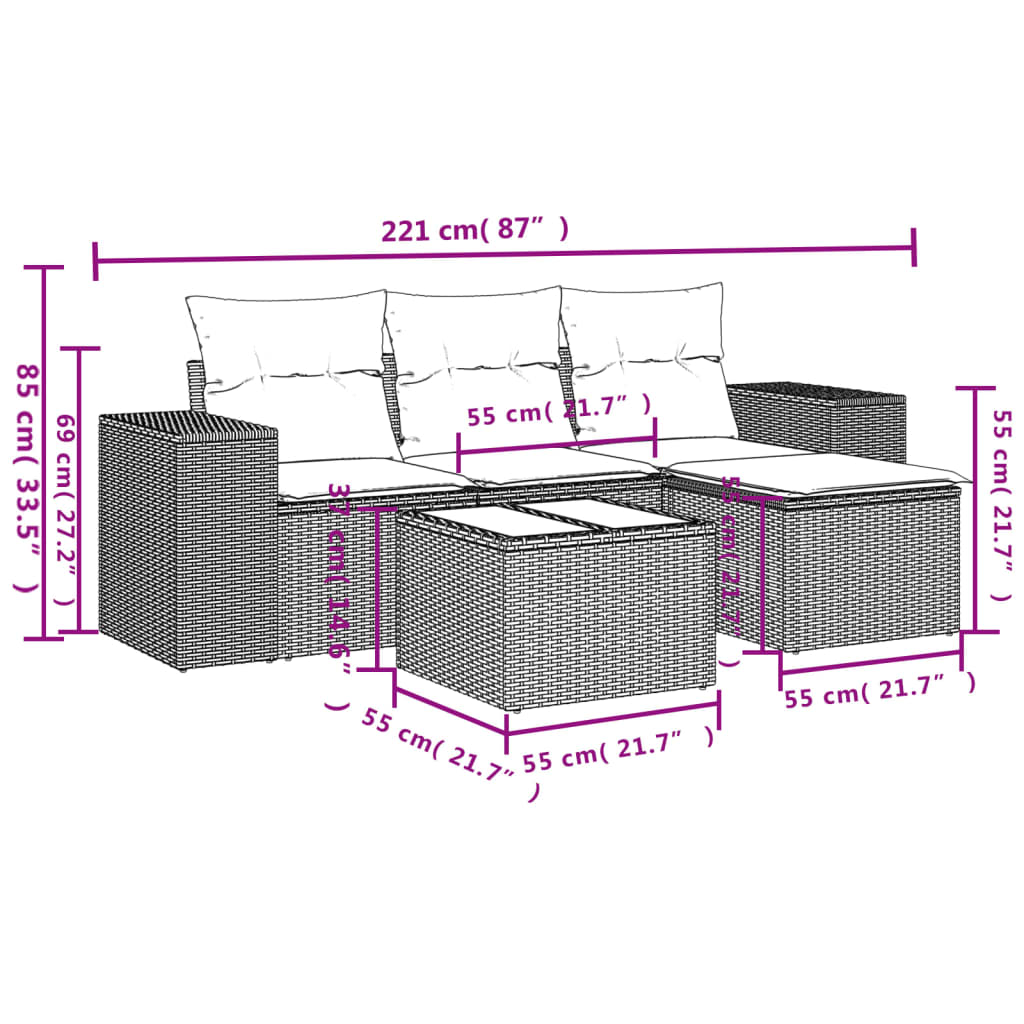 vidaXL Set comedor de jardín 5 piezas y cojines ratán sintético marrón