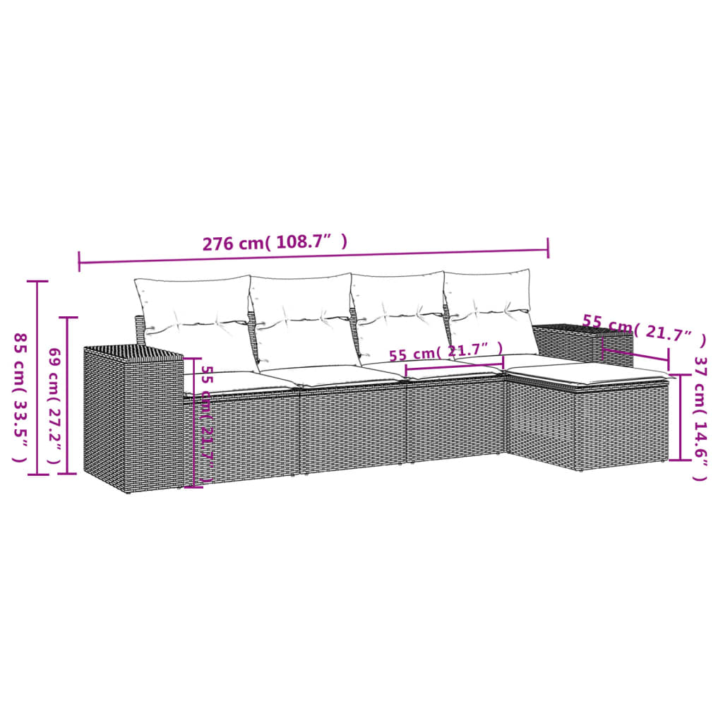 vidaXL Set comedor de jardín 5 piezas y cojines ratán sintético marrón