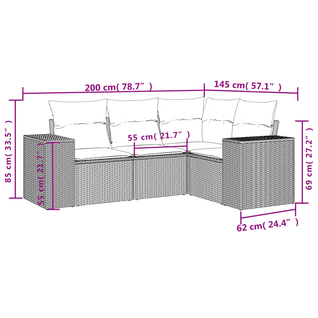 vidaXL Set de sofás de jardín 4 pzas y cojines ratán sintético gris